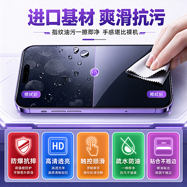 [主图-4] 进口基材五大防护卖点展示，保持紫金色整体科技风格与原产品设计统一，1:1版式，突出抗污爽滑特性。[氛围风格] 数码配件功能展示，科技简约风格；[画质] 商业电商摄影，清晰真实，质感高级。[元素] 画面上方展示光固膜贴在手机上的效果，手指擦拭油污特写，演示"一擦即净"，中下方五个功能卖点卡片阵列排布。主体占比合理，布局宽松不拥挤。[光影] 真实细腻光影，突出膜面爽滑质感和指纹油污擦拭前后对比。[配色] 延续紫色+金色主色调，每个卖点卡片用不同彩色背景区分，风格统一。[视角构图] 上产品下卖点，纵向排布，UI卡片分区设计，信息清晰。[文字版式] 顶部大字主文案"进口基材 爽滑抗污"，紫色粗体；副标题"指纹油污一擦即净 手感堪比裸机"；下方五个彩色功能卖点卡片，分别对应：1.防爆抗摔 2.高清透亮 3.触控顺滑 4.疏水防油 5.贴合不翘边，每个卡片配对应功能图标，图标+文字组合，大小错落，清晰易读，不遮挡主体产品。[比例分辨率] 1:1比例，4k分辨率，超高清。[负向提示词] 变形，水印，文字错乱，产品图模糊，背景杂乱