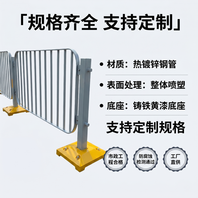 [主图-5] 港式护栏规格参数展示图，保持产品外观与原图一致。左侧主体放置港式护栏，右侧区域清晰列出核心规格参数：材质（热镀锌钢管）、表面处理（整体喷塑）、底座（铸铁黄漆底座），下方标注支持定制规格。预览效果