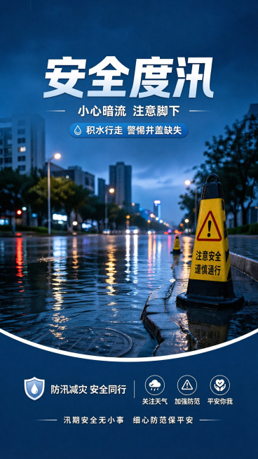基于原图重绘：保留上半部分城市积水场景与主标题'安全度汛'、小知识框不变，仅修改底部区域——添加一条白色弧形曲线分隔线，下方为深蓝色横幅区域：左侧盾牌图标+文字'防汛减灾 安全同行'；中间三个圆形图标预览效果