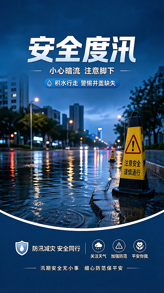 基于原图重绘：保留上半部分城市积水场景与主标题'安全度汛'、小知识框不变，仅修改底部区域——添加一条白色弧形曲线分隔线，下方为深蓝色横幅区域：左侧盾牌图标+文字'防汛减灾 安全同行'；中间三个圆形图标依次为：云雨（关注天气）、三角警示（加强防范）、握手（平安你我）；底部居中文字'汛期安全无小事 细心防范保平安'。整体风格与其余三张海报完全一致，文字清晰可读，不遮挡主体。