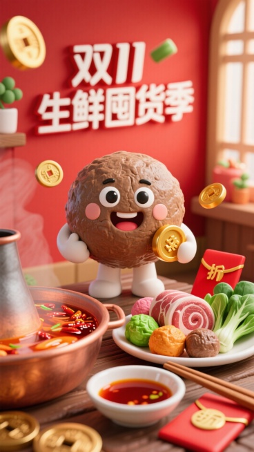 以拟人化卡通牛肉丸子形象为核心，手拿金币，搭配肥牛卷、火锅丸子、新鲜蔬菜等火锅食材，融入火锅油碟造型红包、印着折扣的筷子、铜钱状辣锅配料等促销元素，打造红与麻辣红油亮色交织的火锅主题场景，墙上文字 “预览效果