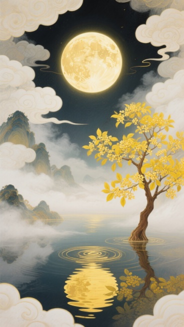 创建一个宁静和梦幻般的插图与柔和，温暖的黄色调色板。在顶部中央有一个巨大的满月，散发出柔和的光芒。在它的下方，描绘了一个平静的水体，完美地反射了月亮，创造了一个对称的金色反射和微妙的涟漪。在水的右边，预览效果