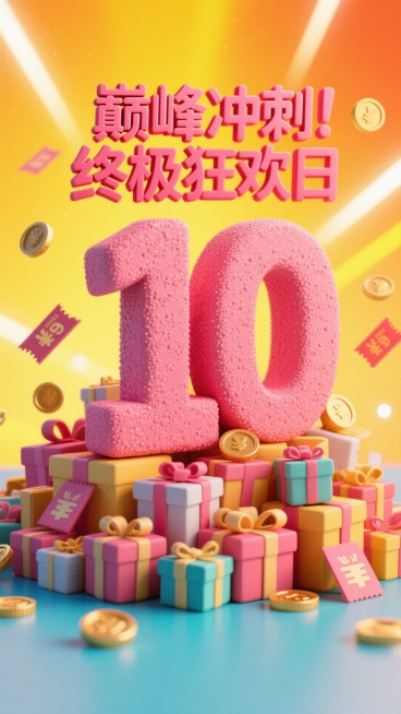 粘土材质的玫红色数字 “10”，顶部设置 “巅峰冲刺 终极狂欢日” 玫红色立体文字，底部堆满礼盒；背景采用亮黄橙渐变，融入炫光，点缀金币、优惠券等元素，整体营造紧迫的促销倒计时氛围预览效果