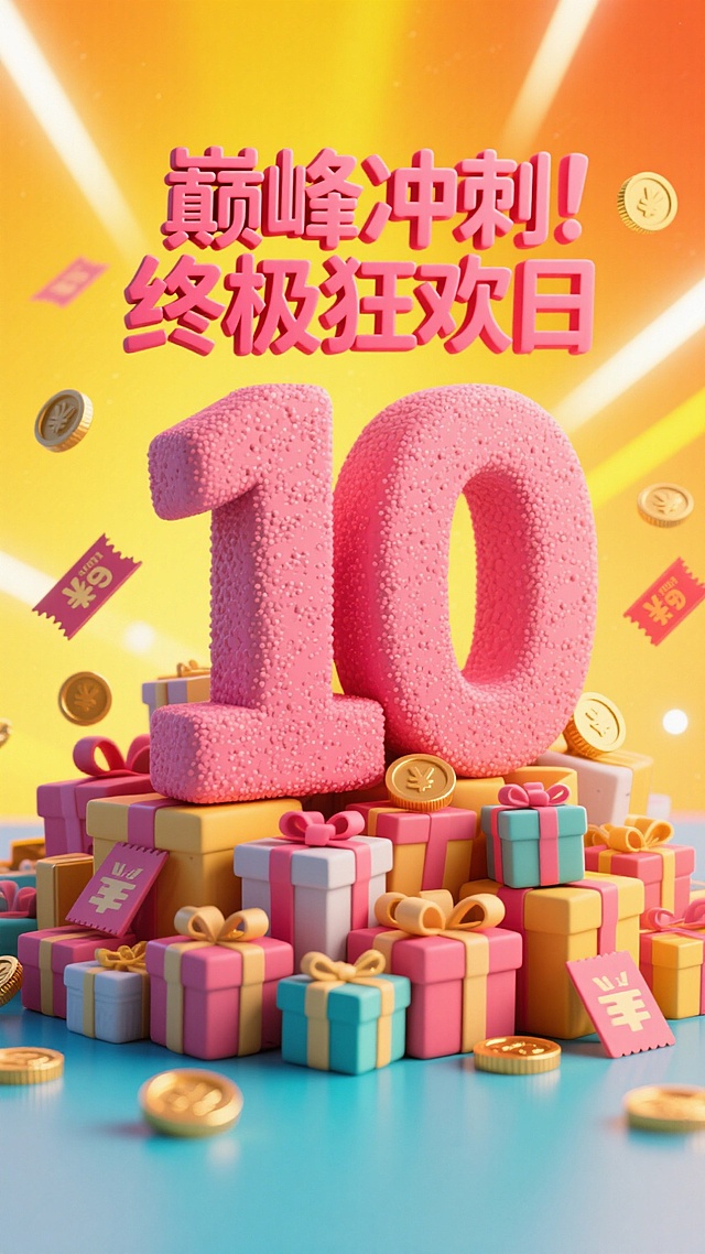 粘土材质的玫红色数字 “10”，顶部设置 “巅峰冲刺 终极狂欢日” 玫红色立体文字，底部堆满礼盒；背景采用亮黄橙渐变，融入炫光，点缀金币、优惠券等元素，整体营造紧迫的促销倒计时氛围