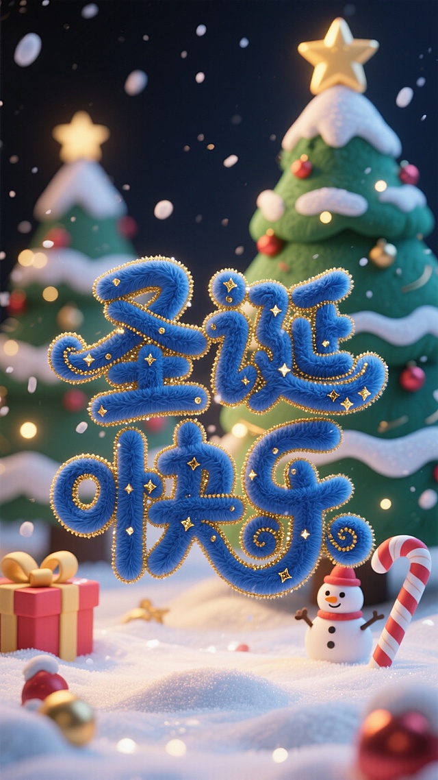 毛发生长风3D字体“圣诞快乐”，搭配软萌雪人与糖果，营造梦幻温馨的卡通圣诞场景，喜庆可爱感十足。