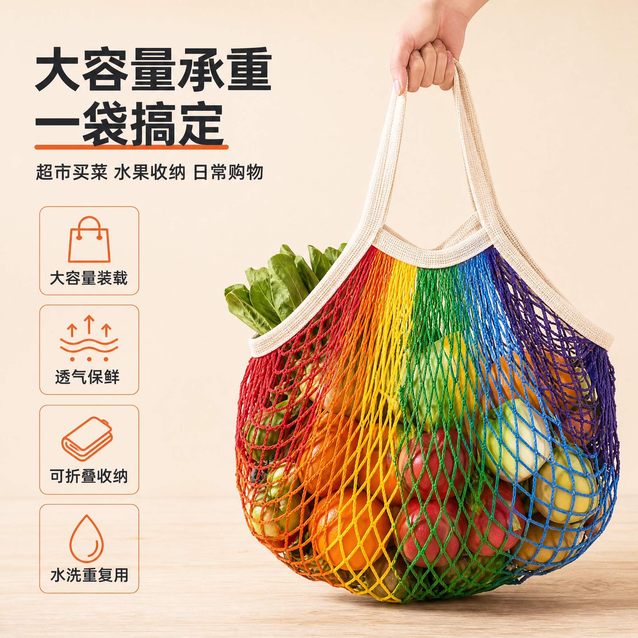 [主图-2] 1688平台核心卖点图，展示彩虹棉网购物袋大容量… - 图片创意预览