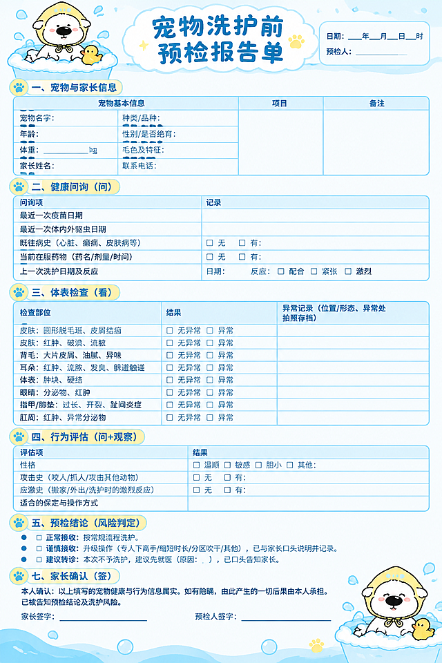 A4竖版宠物洗护前预检报告单，可爱卡通风格，清新柔和的蓝白黄配色。画面顶部居中大标题"宠物洗护前预检报告单"，右上角有日期和预检人填写栏。整体分为六大模块，每个模块有清晰的小标题和分隔线：

一、宠物与家长信息：三列表格，左侧宠物基本信息（宠物名字、种类/品种、年龄、性别/是否绝育、体重kg、毛色及特征、家长姓名、联系电话），中间项目栏，右侧备注栏。

二、健康问询（问）：两列表格，问询项包括"最近一次疫苗日期"、"最近一次体内外驱虫日期"、"既往病史（心脏、癫痫、皮肤病等）"带无/有勾选框、"当前在服药物（药名/剂量/时间）"带无/有勾选框、"上一次洗护日期及反应"带配合/紧张/激烈勾选框。

三、体表检查（看）：三列表格（检查部位、结果、异常记录），检查项目包括：皮肤圆形脱毛斑皮屑结痂、皮肤红肿破溃流脓、背毛大片皮屑油腻异味、耳朵红肿流脓发臭躲避触碰、体表肿块硬结、眼睛分泌物红肿、指甲脚垫过长开裂趾间炎症、肛周红肿异常分泌物，每项带无异常/异常勾选框。

四、行为评估（问+观察）：两列表格，评估项包括"性格"（温顺/敏感/胆小/其他勾选）、"攻击史（咬人/抓人/攻击其他动物）"（无/有勾选）、"应激史（搬家/外出/洗护时的激烈反应）"（无/有勾选）、"适合的保定与操作方式"填写栏。

五、预检结论（风险判定）：三条选项，正常接收（按常规流程洗护）、谨慎接收（升级操作，已与家长口头说明并记录）、建议转诊（本次不予洗护，建议先就医），每条前带圆点和勾选框。

七、家长确认（签）：底部确认声明文字，左侧家长签字横线，右侧预检人签字横线。

画面装饰：页眉左上角和页脚右下角各放置一只参考图3风格的戴黄色浴帽、正在洗澡的白色卡通小狗IP形象，周围有泡泡和水花装饰，增添可爱氛围。整体版式精美，表格线条清晰，留白充足，适合打印使用。

画面中所有表格、填写栏、勾选框必须完整呈现，不得出现空白框或缺失内容，确保是完整可用的成品报告单。所有文字清晰可读，排版规整专业。