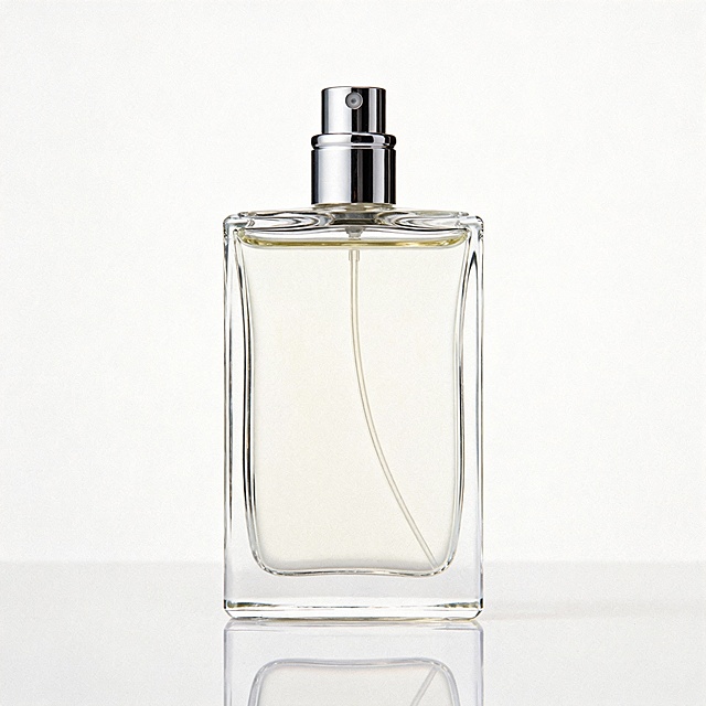 一瓶精致的香水，瓶身设计优雅，透明玻璃材质，带有金属瓶盖，纯色背景，光线柔和，突出香水的质感和高级感