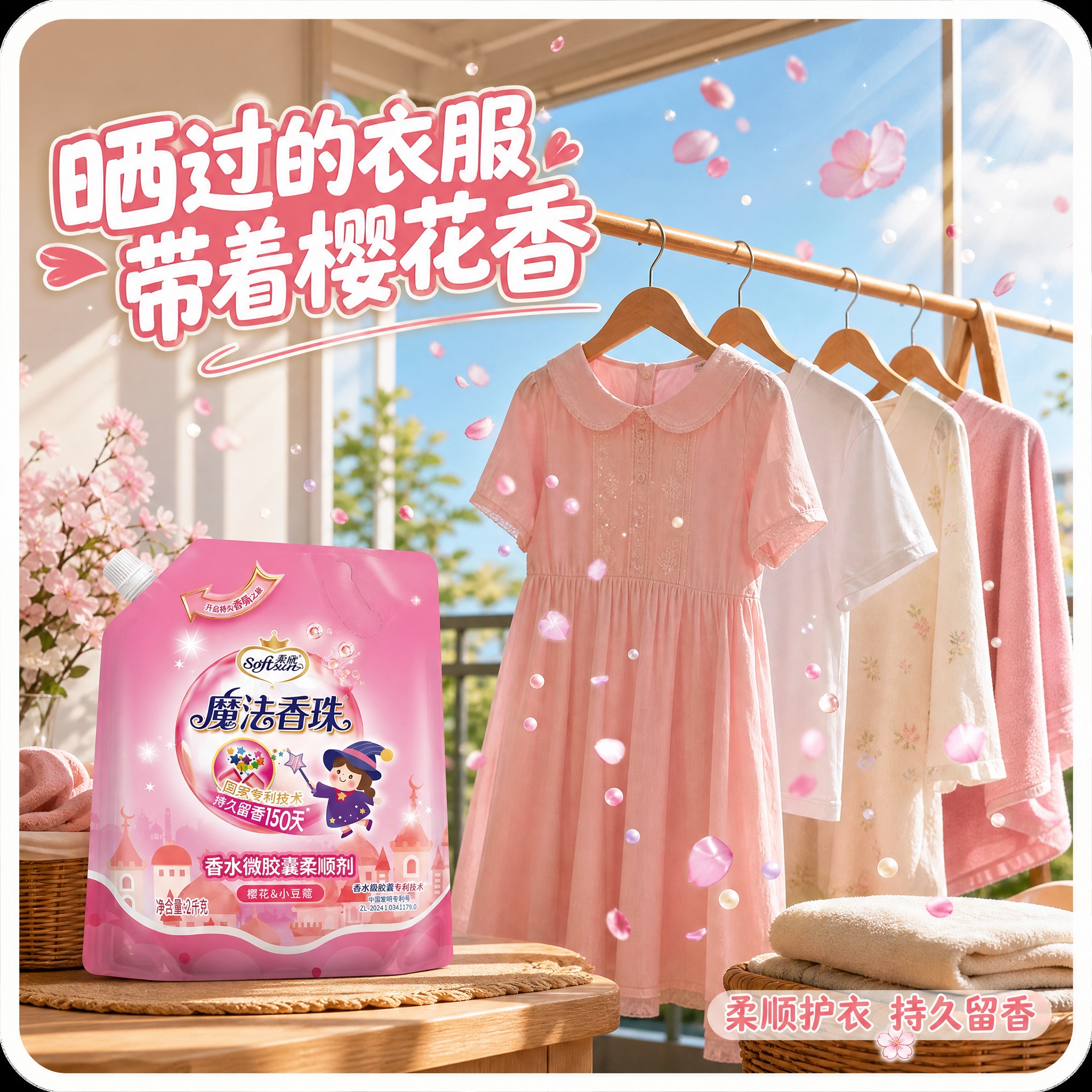[主图-4] 真实家庭阳台晾晒场景图，主题为柔顺剂使用后的衣物… - 图片创意预览