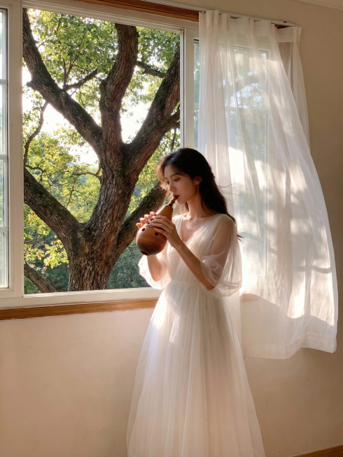 参考原画面唯美细腻风格，一个美丽的女音乐家，穿着白色的纱裙，在吹奏用陶土做的埙，埙缩小到刚好能被手掌握住，人物比例缩小，扩展更大场景，背景是风吹起的白色窗纱，窗外大树点缀，阳光洒入室内，色彩柔美，她专预览效果