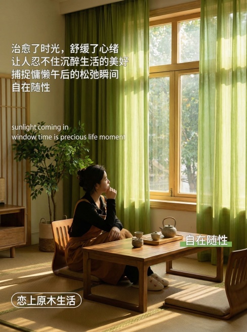 不改变窗帘颜色面料材质，切换为日式原木风家装场景，改变拍摄角度，文字改为"治愈了时光，舒缓了心绪 让人忍不住沉醉生活的美好 捕捉慵懒午后的松弛瞬间 自在随性 sunlight coming in wi预览效果
