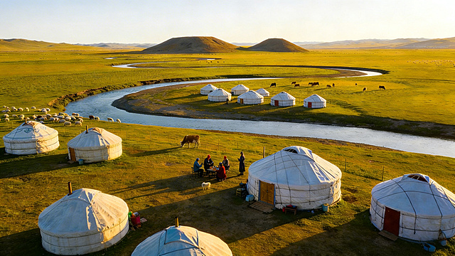 移除图片右下角的文字“豆包AI生成”，保持草原、蒙古包、河流、牛羊和人物的原有内容和风格不变