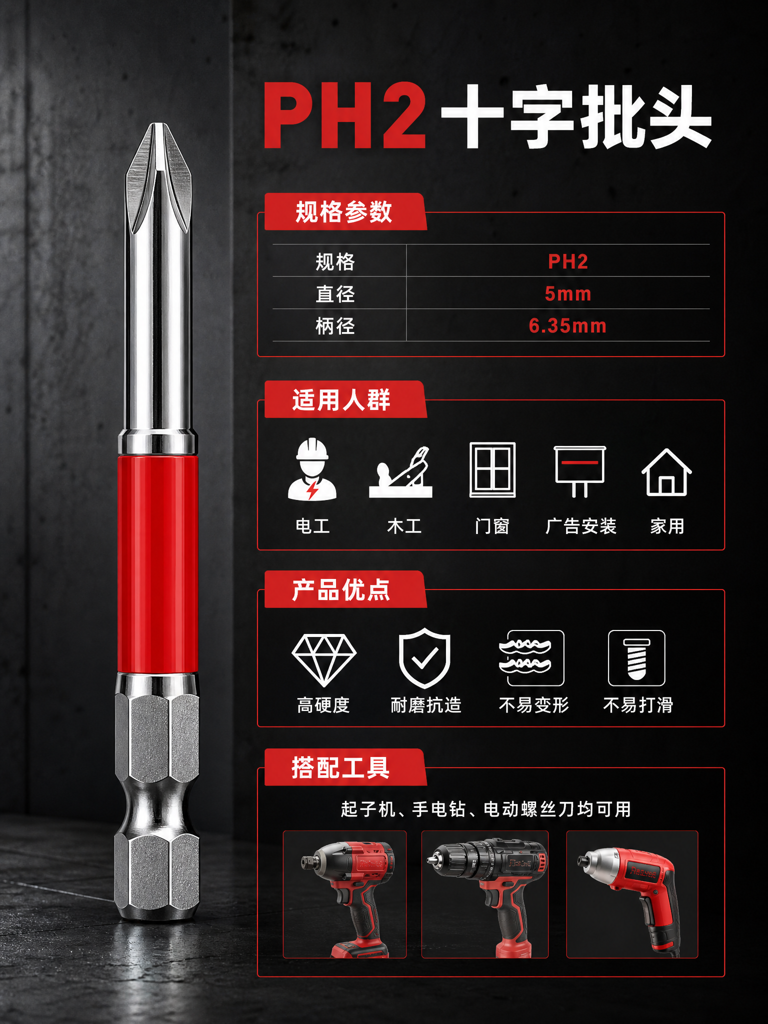 电商详情页，PH2十字批头规格详情页。画面左侧展示一支PH2十… - 图片创意预览