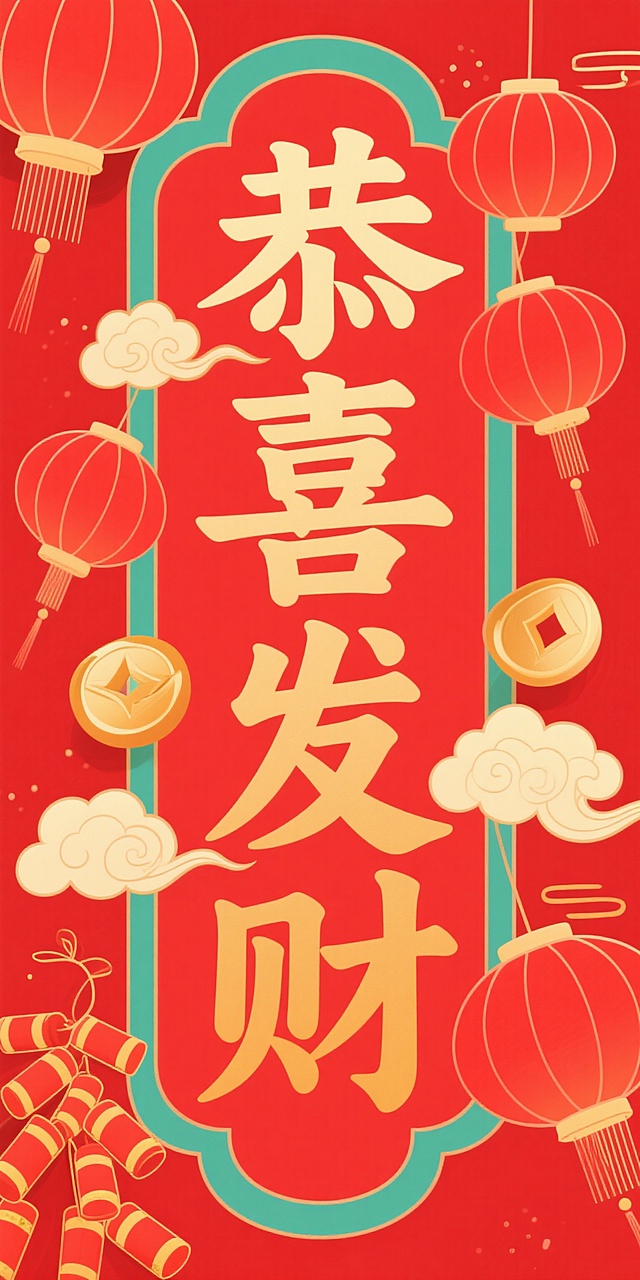喜庆红底配金色大字“恭喜发财”，融合剪纸风灯笼、祥云与铜钱，扁平化设计呈现浓郁中式年味，传递新春祝福。