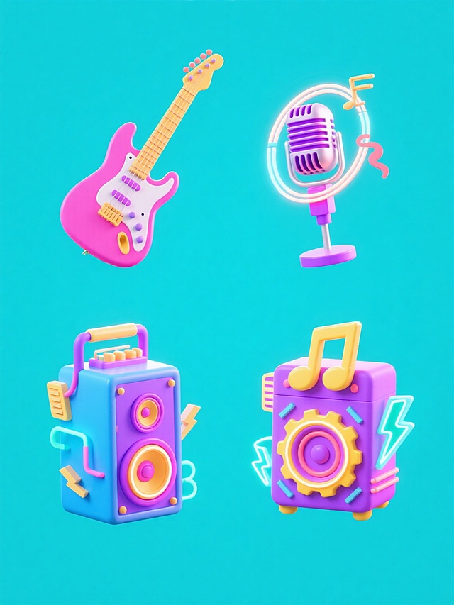 3D风格，四个规整排布的音乐节元素素材，每个元素造型样式不同，包含电吉他、音响、麦克风、音符等音乐节相关元素，整体采用鲜艳明亮的纯色背景，每个元素具有立体感和质感，色彩以粉色、紫色、蓝色、黄色等为主色调，搭配霓虹效果，细节丰富，有齿轮、电路、闪电等装饰元素，无任何文字、logo和水印。