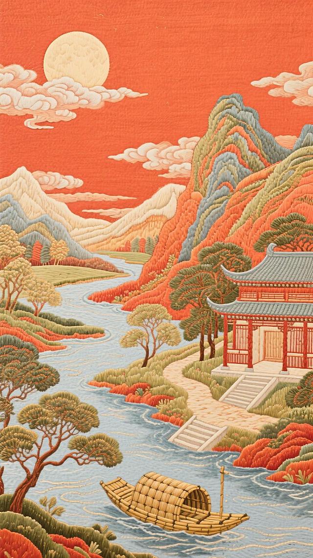 工笔细腻，刺绣质感，浮雕层次，中式古典山水，静谧唯美的秋夜意境，红霞映月，竹舟轻渡，亭台隐现，尽显东方雅韵。