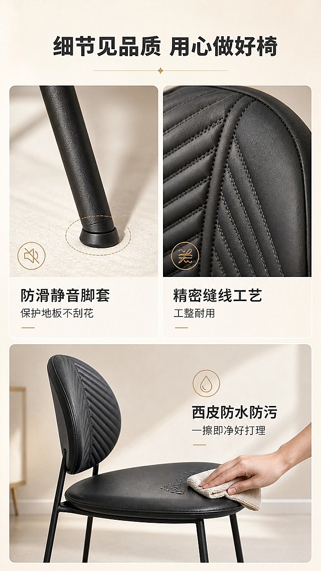 [商品] 使用【图1】餐椅（黑色款为主）；保留碳素钢椅腿、西皮面料、靠背造型；做细节特写展示，增强缝线、脚套、焊接点等细节质感，不改变整体结构。
[画面] 目标：细节功能演示页，展示工艺细节与贴心设计。三宫格构图，上排两个细节特写格、下排一个整体+说明格；左上格：椅腿底部防滑脚套特写；右上格：靠背缝线工艺微距特写；下格：餐椅整体侧视+易清洁演示（抹布轻擦座面）；每格配对应说明文字；浅米色质感背景，柔和侧光突出细节。
[视觉] 套系策略：风格=现代轻奢家居商业摄影；标题字=思源黑体粗体；正文字=思源黑体常规；主色=奶杏米白；背景延展=基于奶杏米白做深浅层级、同色渐变和细腻墙面/织物质感；强调色=香槟金，仅用于小面积图标、引线、标签和装饰线条；标题色=深炭灰；正文色=中暖灰；组件=圆角浅底信息卡、细线引线、香槟金装饰线；光影=左前侧暖柔光，柔和自然阴影。
[文字] 顶部主标题"细节见品质 用心做好椅"；三格分别配说明文字：左上「防滑静音脚套 保护地板不刮花」、右上「精密缝线工艺 工整耐用」、下方「西皮防水防污 一擦即净好打理」；每格文字位于图片下方或侧边，横向排版。
[规格] 图片比例9:16竖版，4K，负向提示：避免变形、错字、文字过小、冷蓝背景、产品颜色改变、细节失真、出现平台Logo水印。