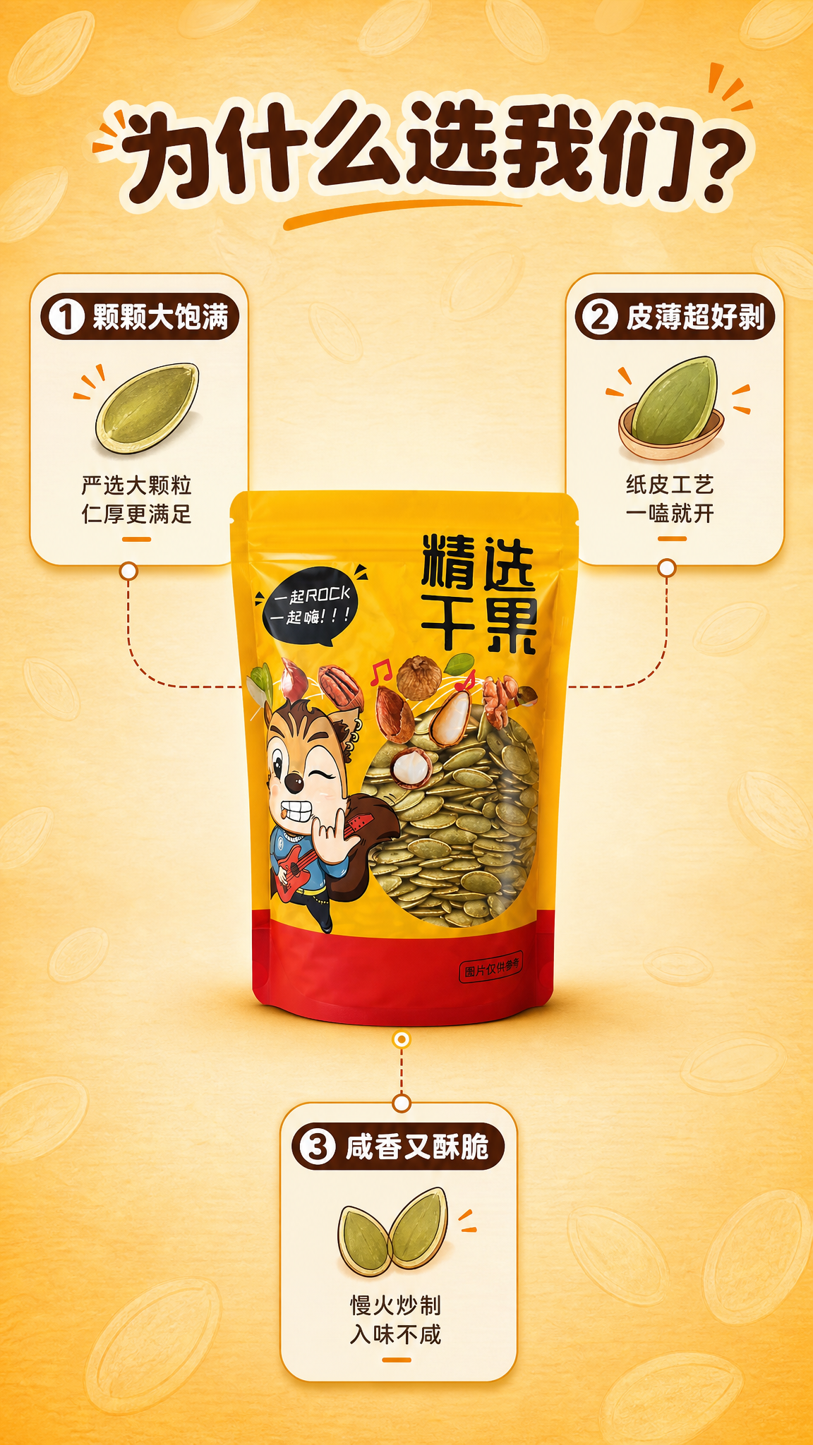 [商品] 使用【图1】精选干果黄色自立袋包装南瓜子；保留包装袋… - 图片创意预览