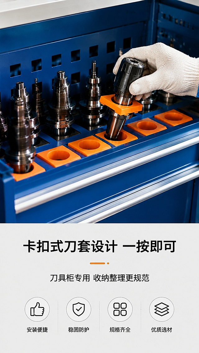 [第3屏] 场景应用展示-机床刀柄保护套实际安装使用场景。本屏使用参考图15提取场景结构，产品使用【图1】。
[氛围/风格] 真实工业场景，专业五金工具柜展示，真实质感，清晰自然。
[元素布局] 上半部分展示蓝色刀具柜安装刀柄保护套的实景，一只戴手套的手正在安装保护套，突出卡扣式设计；下半部分留文字区域说明场景价值。产品外形和颜色与输入图一致。
[光影质感] 场景自然光照，主体清晰，阴影自然，产品橙色在蓝色工具柜中突出醒目。
[配色色系] 全局底色 #e8eaed；主色蓝色工具柜，橙色产品；文字黑色，浅灰色背景。
[视角构图] 平视带一点仰视角度，画面重心在安装动作区域，场景层次清晰。
[文字版式] 上方主标题「卡扣式刀套设计 一按即可」，下方副标题总结优势：刀具柜专用 收纳整理更规范，文字放在底部浅色条块上，不遮挡主体场景。
[比例分辨率] 9:16竖版比例，4K分辨率，文字清晰可辨，高清画质。
[负向提示词] 产品变形，缺件错件，颜色偏差，文字错乱，产品模糊，背景杂乱，水印。