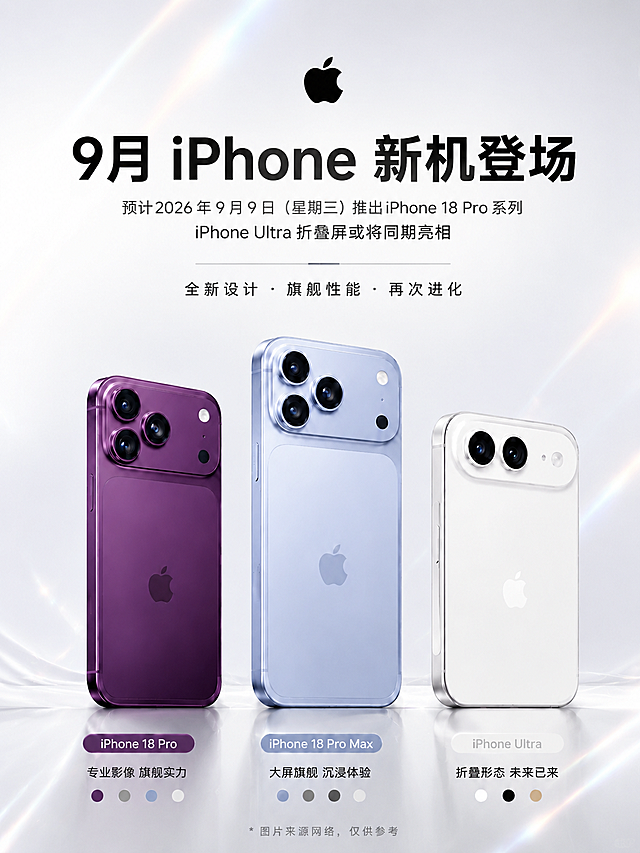 基于原图进行风格重绘，保留三款iPhone手机的产品外形、颜色、结构、logo和排列布局不变，不改变商品本身颜色。将整体配色改为黑白浅色高级简约风格，背景替换为白色到浅灰的渐变，带有轻微科技镭射光效和细腻的虹彩光泽，镭射感克制不夸张。顶部苹果logo保留。文字全部使用简体中文字体，排版精美。画面上方主标题大字为"9月 iPhone 新机登场"，副标题为"预计2026年9月9日（星期三）推出iPhone 18 Pro系列 iPhone Ultra折叠屏或将同期亮相"，中间slogan为"全新设计·旗舰性能·再次进化"。三款手机从左到右分别为深紫色iPhone 18 Pro、浅蓝色iPhone 18 Pro Max、白色iPhone Ultra，手机本体颜色保持不变。底部对应机型名称和卖点短句。整体科技感强，高级简约，黑白浅色调为主，点缀少量镭射虹彩光泽，版式精美，留白舒适，3:4竖版比例。画面中所有数字必须精确渲染，不得错位、遗漏或编造。画面中所有信息区域必须填充完整合理的内容，不得出现空白框或占位。
