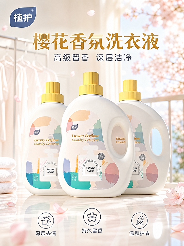 [主图-1] 首图 洁净感与购买欲 高级香氛洗衣液产品主视觉
[统一基调] 整体风格为洁净清新的品质家居风，背景主色为浅米白+淡粉樱花渐变，标题字色为暖金色，辅助字色为深灰蓝，强调色为樱花粉和清透蓝绿；字体为优雅无衬线粗体，字号层级分明，卡片采用圆角轻透玻璃质感，整体高亮通透、明亮自然光。
[画面] 三瓶植护樱花香氛洗衣液呈品字形居中摆放，中间一瓶略大靠前，左右两瓶稍后错落，产品占画面约65%。瓶身保持原图外观：奶白色瓶体、明黄色旋盖、莫兰迪色块拼贴标签、植护品牌Logo、Luxury Perfume Laundry Detergent英文、Sakura Smell樱花香标识、2kg净含量字样全部清晰保留。背景为明亮通透的家居阳台场景，虚化的白色晾衣架、淡粉色樱花花瓣飘落、柔和阳光从右侧洒入，地面有柔和倒影。左上角放置植护品牌Logo，顶部主标题大字醒目，底部三列小图标+短词亮点排版。
[光影质感] 商业摄影质感，主光来自右上方，瓶身曲面有自然高光和明暗过渡，瓶盖有金属质感反光，瓶底有柔和接触阴影，产品与背景场景自然融合，无悬浮感。
[配色] 浅米白主背景 + 淡粉樱花渐变点缀 + 暖金色标题 + 清透蓝绿辅助色，整体干净温馨，突出洁净与香氛氛围。
[文字版式] 顶部主标题：樱花香氛洗衣液 暖金色粗体大字；副标题：高级留香 深层洁净 深灰蓝小字；底部三列亮点：深层去渍 持久留香 温和护衣，每列配简约线性小图标；左上角植护品牌Logo；所有文字放在负空间，不遮挡产品主体，文字清晰可读。
[输出要求] 3:4竖版比例，2K高清，产品完整不切割，瓶身文字清晰，画面干净通透，无多余杂物；负向：变形、错字、模糊、杂乱、水印、平台Logo、产品悬浮、瓶身变形、颜色偏差