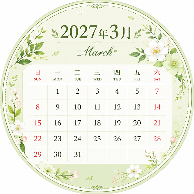 2027年3月圆形日历设计，整体为正圆形构图，圆形内包含完整的3月日历。顶部显示"2027年3月"和"March"中英文月份标题，字体优雅。日历部分：星期从周日到周六排列，日期数字清晰工整，3月1日是星期一，3月有31天。圆形背景采用清新的嫩绿色调，带有春天的花朵和绿叶装饰元素，边缘有精致的圆形花纹边框。整体风格简约现代、清新雅致，高清细节，适合打印和数字使用。