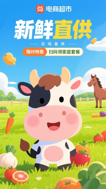 农场直供牛马主题电商超市海报，卡通风格，绿色田野背景，明亮阳光，蓝天白云，Q版圆润的牛马形象在中央，牛马面带微笑，周围点缀蔬菜和水果元素，上方有“新鲜直供”主标题，下方有“限时特惠”和“扫码领家庭套餐预览效果