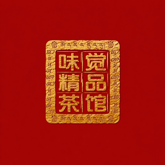 干净的纯红色背景。国潮东方篆刻印章风格图文组合Logo，品牌名称"味觉精品茶馆"，四字2×2方阵篆书排列，外围方形印章边框，融入西藏玛尼堆石刻纹理，烫金色文字，印章居中占画面约40%面积，四周大量留白预览效果