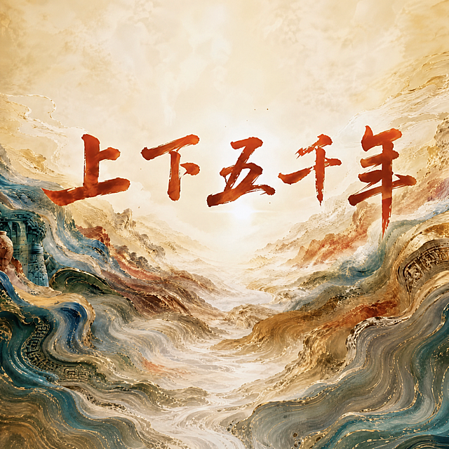 将此图裁剪为1:1正方形比例，以画面中心为基准，保留中间的"上下五千年"红色书法文字和核心山水画面，文字、色彩、元素完全不变，不做任何外扩延伸或内容修改，仅裁剪多余的左右两侧边缘