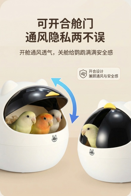 ins简约萌趣风，严格还原鹦鹉太空舱鸟窝，产品比例协调。主视觉为动态展示舱门开合状态，用箭头标注舱门的开合轨迹，搭配鹦鹉从舱门探出的场景，背景为浅米白渐变，说明“开合设计 兼顾通风与安全感”。主标题“预览效果
