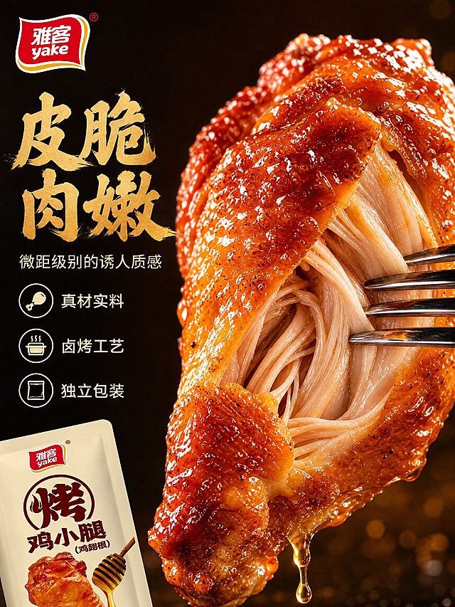 [淘宝-阿图零食铺-3:4主图3] 细节微距，皮脆肉嫩的诱人质感。淘宝专业品质风格，暖橙米白主色调，深棕标题字，橙红强调色，粗笔刷书法大标题+黑体辅助文案，左上角雅客红色Logo，整体精致有食欲，专业靠谱感。画面主体为一只被叉子撕开的超大烤鸡小腿特写，占据画面大部分，鸡肉纤维根根分明，蜜汁从肉缝中缓缓滴落，表面油亮有光泽，皮脆焦香的纹理清晰可见。左下角露出一小部分包装袋。背景深色虚化。产品占画面约75%。侧逆光打在鸡肉上，突出肉质的鲜嫩纹理和脆皮的焦香质感，蜜汁晶莹剔透，微距级美食摄影质感。背景深棕到黑色渐变，标题金色字。左上角雅客yake红色Logo。左侧上方大标题"皮脆肉嫩"粗笔刷书法金色字，下方小字"微距级别的诱人质感"。再下方三个图标+文字：真材实料 卤烤工艺 独立包装。3:4竖版，文字清晰可读，产品清晰不变形，无水印无平台Logo，无违禁词极限词。负向：变形、错字、模糊、杂乱、悬浮、穿模。