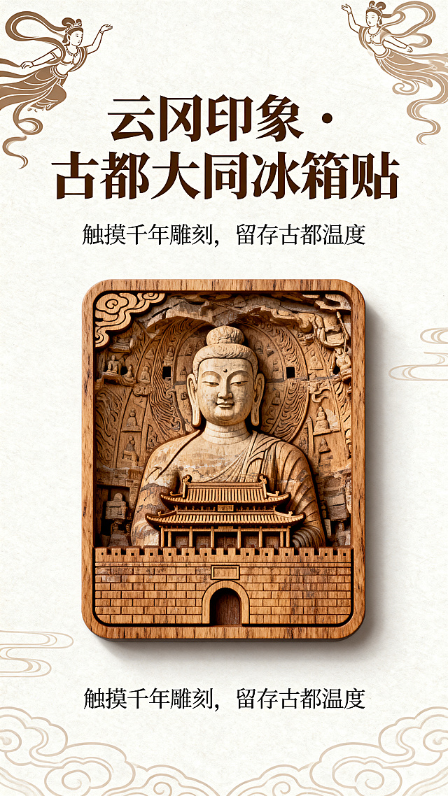 精美的文创产品应用海报，海报核心是一款融合山西大同云冈石窟造像元素与大同古城城墙元素的木质冰箱贴文创产品，完整呈现冰箱贴图案，产品名称为"云冈印象·古都大同冰箱贴"，宣传slogan为"触摸千年雕刻，留存古都温度"，用云冈飞天、北魏云纹等大同文化元素做装饰，整体风格古风创意，构图精美，视觉干净突出产品