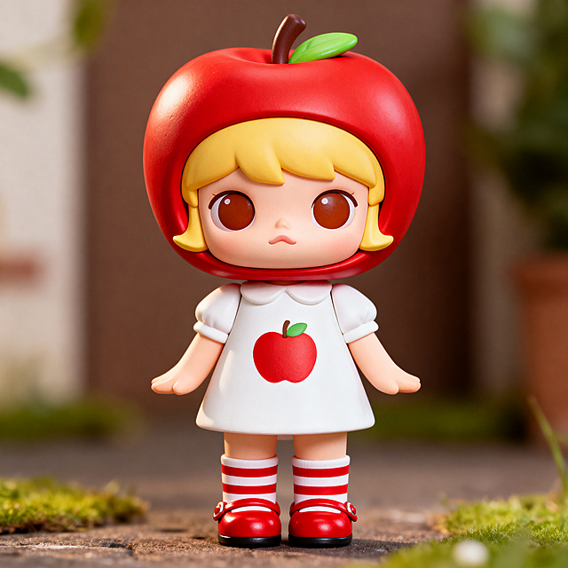 泡泡玛特风格IP形象，角色戴着红色苹果头套，露出金色短发，大大的棕色眼睛，身穿白色连衣裙，胸前有苹果图案，搭配红白条纹袜子和红色小皮鞋，3D渲染，黏土质感，PVC材质，柔和光线，高细节，8K，盲盒手办