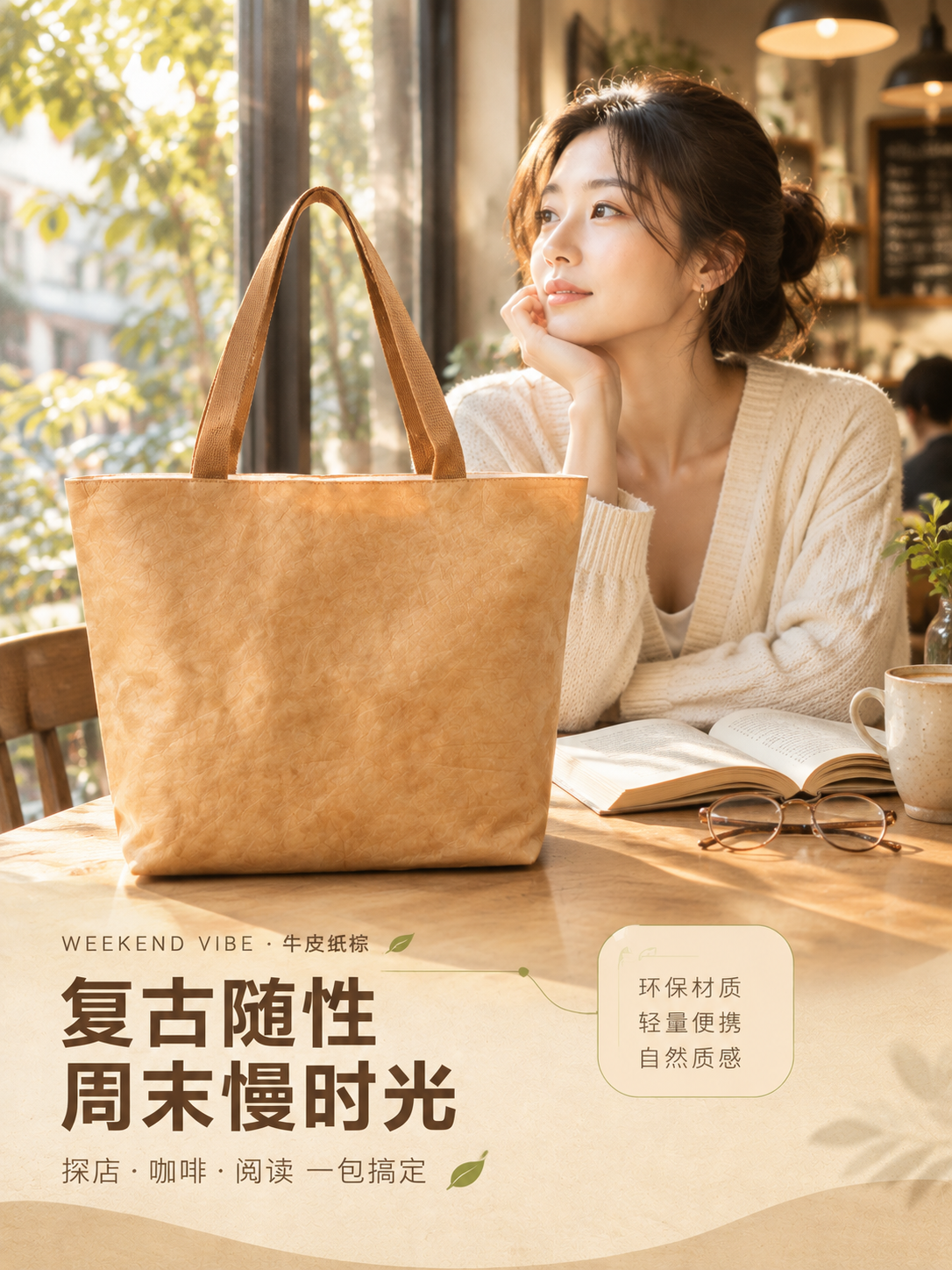 [商品] 使用【图7】牛皮纸棕杜邦纸托特包，咖啡店场景亚洲女模… - 图片创意预览