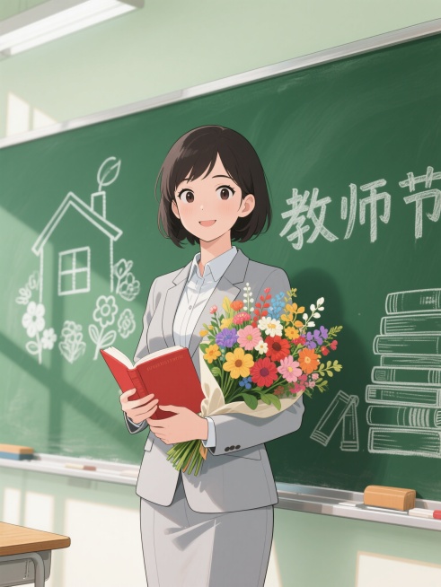 一位中国的美丽女教师，气质脱俗，眼神睿智，脸上和颜悦色，身着得体的浅灰色西装套装，左手拿着一本红色封面的书本，右手抱着一束色彩鲜艳的混合花束，背景是绿色黑板，黑板上有白色粉笔绘制的房屋简笔画、花朵图案预览效果