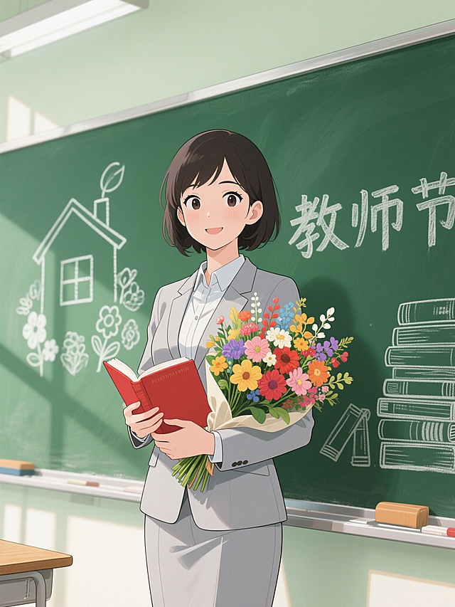 一位中国的美丽女教师，气质脱俗，眼神睿智，脸上和颜悦色，身着得体的浅灰色西装套装，左手拿着一本红色封面的书本，右手抱着一束色彩鲜艳的混合花束，背景是绿色黑板，黑板上有白色粉笔绘制的房屋简笔画、花朵图案、书本堆叠插画和“教师节”三个大字，教室场景，明亮的光线从窗户洒入，日式手绘动漫风格，高清细节，8k分辨率，画面温馨活泼