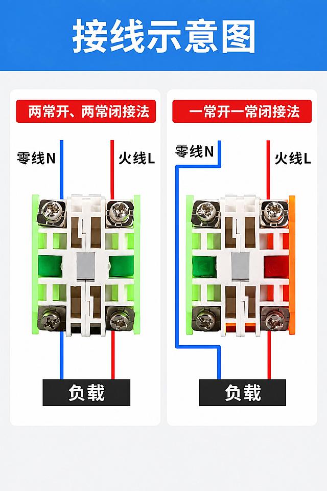 竖版750px宽详情页，LAY37旋钮开关接线示意图，全部用思源黑体，纯色不要渐变。

产品处理：两个触点模块接线图从原背景抠出，形状颜色不改；不要重新生成产品；产品上不要加任何文字标签。

保留文案全部思源黑体，纯色不要渐变：标题接线示意图；左：两常开、两常闭接法 / 零线N（蓝线）/ 火线L（红线）/ 负载；右：一常开一常闭接法 / 零线N（蓝线弯折线）/ 火线L（红线）/ 负载。

新排版设计：标题顶部蓝色通栏；左右两个接线图卡片并排；蓝线=零线N，红线=火线L；不要照抄同行位置。

新背景：不要原来的蓝白配色。换成浅灰白色背景，两个接线卡片用白色圆角框。