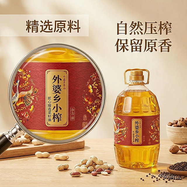 [垫图] https://gdesign-dam-hz.dancf.com/35882419793545366/d589d3d074e8425e97e5c69fc8f2ac88.png
[主图主题] 外婆乡小榨匠心臻选菜籽油原料细节展示
[氛围/风格] 简约自然质感，通透干净
[画面元素] 左侧圆形放大框展示瓶身标签细节，右侧展示完整产品，背景为浅木色桌面，铺放优质花生原料，侧逆光拍摄突出油品金黄通透质感，光影细腻柔和，全屏背景无白边，整体统一和谐。
[配色色系] 暖木色，金黄色，米白色，深棕色
[视角构图] 左细节右产品，左右均衡构图，平视角度
[文字版式] 细节框内上方标注 "精选原料"，文字添加半透明浅色底框，右侧产品旁标注 "自然压榨 保留原香"，字体采用棕色无衬线体，排版清晰，突出原料优势。