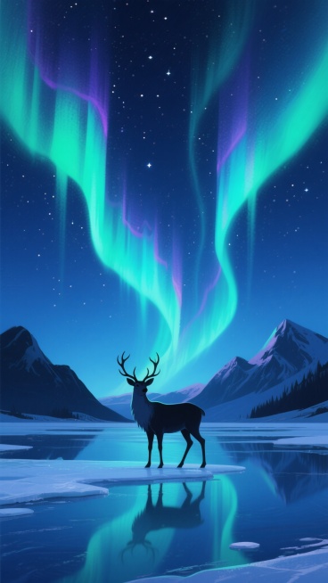 数字艺术风格的插画，深邃的深蓝色夜空布满闪烁的星星，天空中舞动着明亮的绿色和青色极光，极光呈现出飘逸的垂落条纹形态并带有紫色边缘，前景中一只身形高大、鹿角分叉的驯鹿静静站立在结冰的湖面上，湖面反射着极光的光芒，背景是轮廓分明的雪山剪影，整体画面营造出宁静而神秘的氛围，远处的雪山和近处的驯鹿形成层次感，色彩以蓝绿为主色调，光影对比柔和，突出极光的奇幻与驯鹿的剪影美感。预览效果