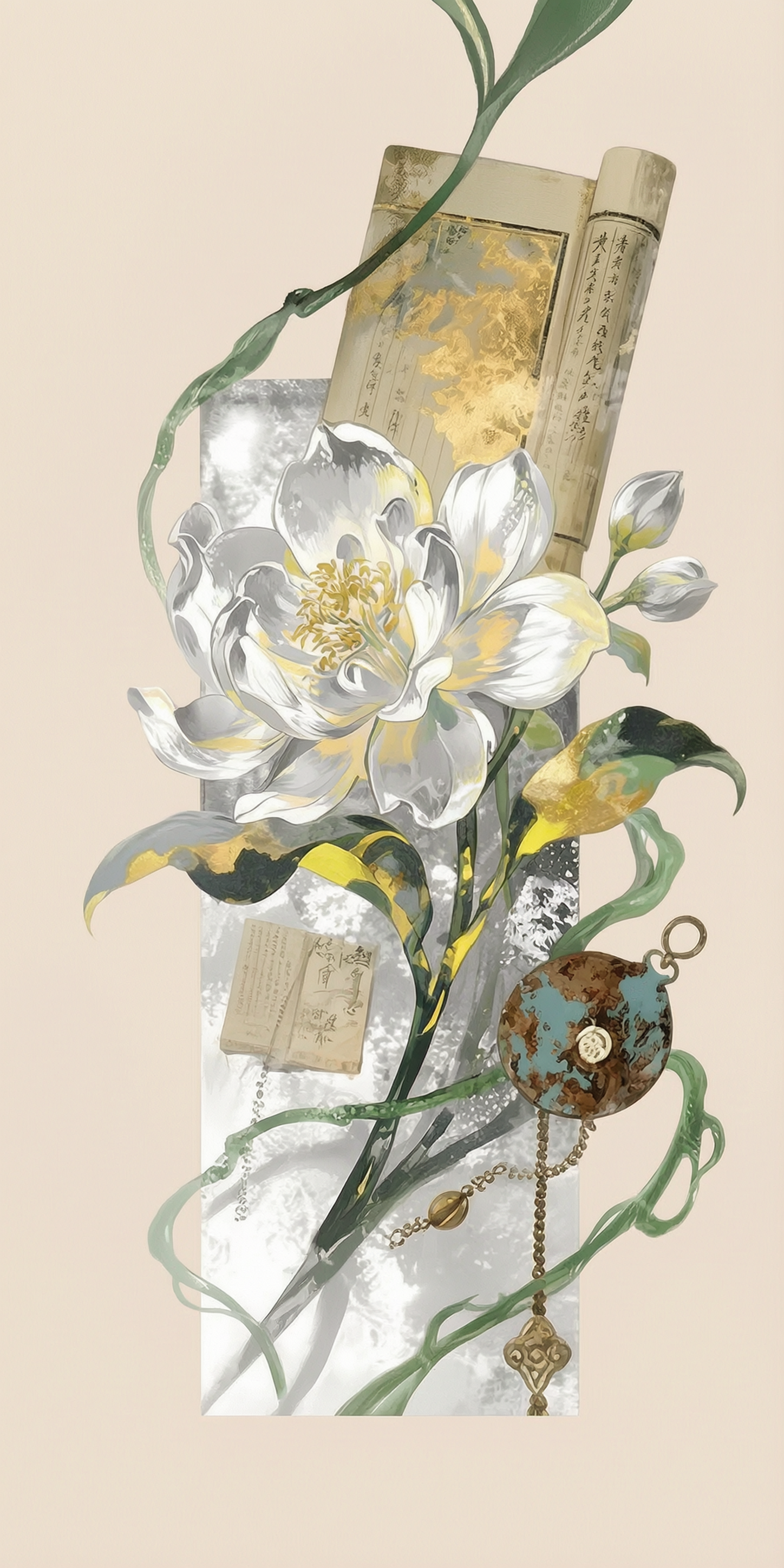 提取图中手机壳上的国风图案，保留白色莲花、金色花叶、古卷轴、怀… - 图片创意预览