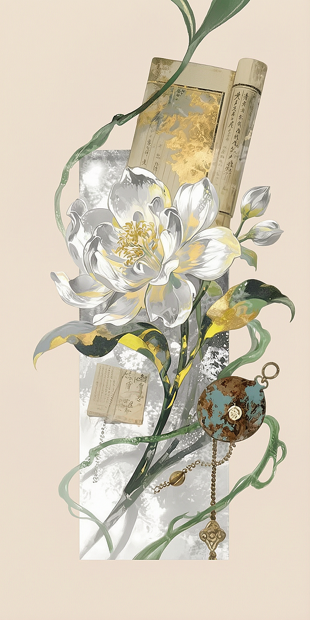 提取图中手机壳上的国风图案，保留白色莲花、金色花叶、古卷轴、怀表、丝带等全部图案元素，去除手机壳边框、摄像头开孔磁吸环样式，将图案居中放置在纯净浅米色背景上，制作成竖版手机壁纸，画面精致细腻，高清质感