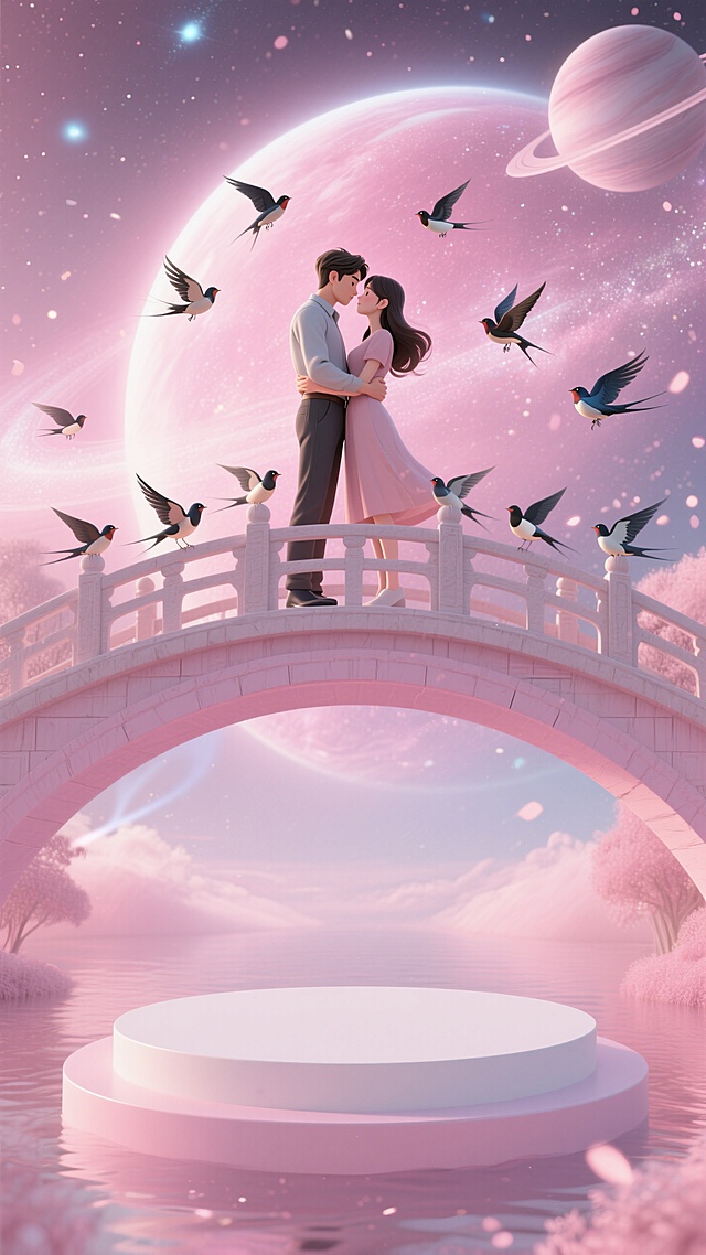 顶部有一男一女站在桥上相拥周围有喜鹊（不要超过画面中间）；画面底部有一个梦幻粉白色圆形展台（不要出现任何东西），背后是粉色的银河和星球，柔光粒子飘散。