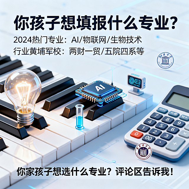 高考志愿填报科普图，1:1正方形，浅蓝白色科技教育风格，字体用无衬线体，背景包含钢琴键、发光灯泡和计算器，钢琴键上放置AI芯片、物联网终端、生物试管小图标，计算器旁点缀院校logo图标，顶部大标题文字"你孩子想填报什么专业？"，下方小字"2024热门专业：AI/物联网/生物技术" "行业黄埔军校：两财一贸/五院四系等"，底部小字提问"你家孩子想选什么专业？评论区告诉我！"，整体统一浅蓝加白色色系，简洁易读符合年轻人审美，适合朋友圈传播