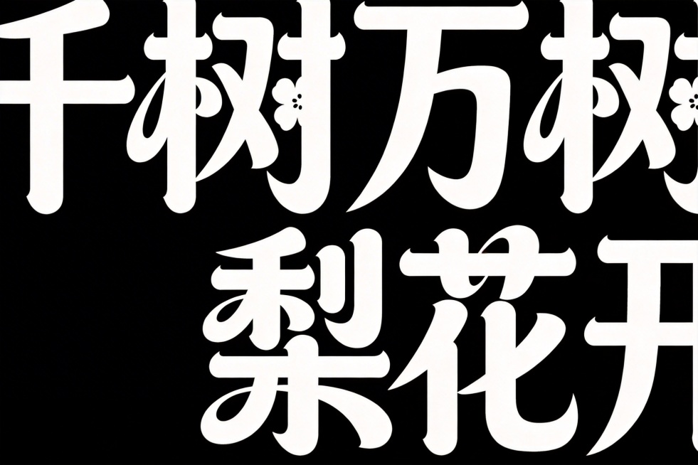 字体设计，横向排版文字"千树万树梨花开"，白字，纯黑色背景，夸张风格，黑体变形，笔画边缘轻盈，夸张的笔画张力和连笔处理，极具艺术感，笔画粗细变化大，每个笔画都带俏皮弧度，用花瓣形代替点笔画，整体体现青预览效果