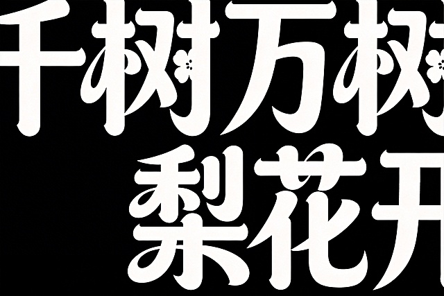 字体设计，横向排版文字"千树万树梨花开"，白字，纯黑色背景，夸张风格，黑体变形，笔画边缘轻盈，夸张的笔画张力和连笔处理，极具艺术感，笔画粗细变化大，每个笔画都带俏皮弧度，用花瓣形代替点笔画，整体体现青春活力，夸张风格，边缘轻盈，笔画边缘拉长，俏皮弧度，富有书法气度