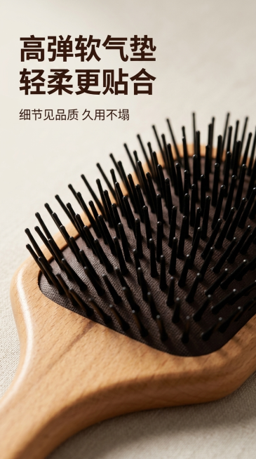 [主图 3] 气垫梳材质细节展示主图；[氛围风格]轻奢质感风，特写真实细节；[画质]商业摄影质感、光线柔和通透、产品清晰真实、画面干净高级；[元素]放大特写气垫梳的气垫和梳齿部分，占据画面核心区域，手预览效果