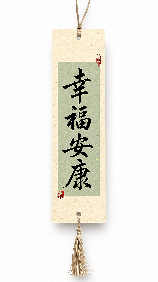 竖向书签吊牌，和参考图风格一致，米白色洒金卡纸，带打孔麻绳流苏，中间浅绿背景色，黑色毛笔字体竖排写"幸福安康"，角落加红色印章装饰，整体国风禅意，和样图排版一致