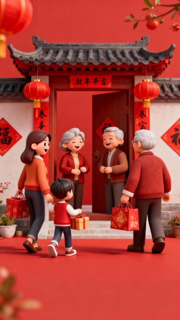 参考图片中的风格样式，制作从除夕到初七，共8张中国春节年俗海报（参考图的那张也要重新制作一张），海报中不需要民俗的具体文字，后期我会自己添加；场景根据年俗的不同而变化、每张海报的具体生成的民俗内容为：预览效果