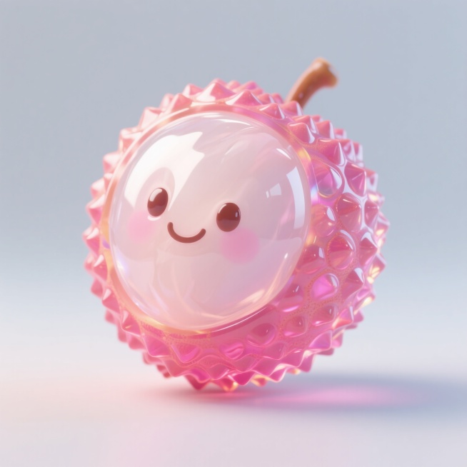 桂味荔枝，晶莹剔透的3D果冻质感，圆润饱满，表面光滑带有光泽，果肉呈现半透明的粉色，果核小巧，整体造型可爱软萌，背景简洁干净预览效果