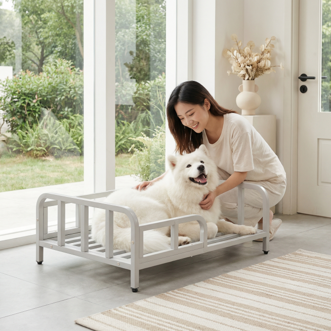 浅灰色金属框架狗床，保持原产品物理结构绝对不变，床下面没有轮子，床腿没有额外东西，床上没有床垫。产品主体不变形不扭曲。
平视构图，主体放置在入户客厅的浅灰色水泥砖地面，背景是整面的落地大玻璃窗，窗外可预览效果